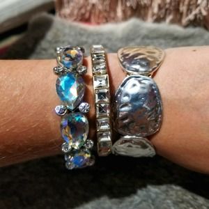 Stretch Silver and Gold Retro Gem Bangle Set